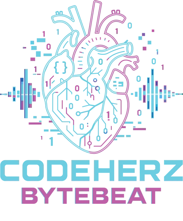 Logo CodeHerz ByteBeat Music: Herz aus Leiterbahnen zwischen zwei Audiowellen